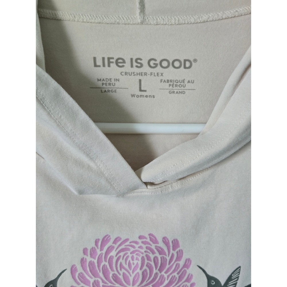Life is Good Crusher-Flex Womens L Hoodie Cream Hummingbird Floral Pullover